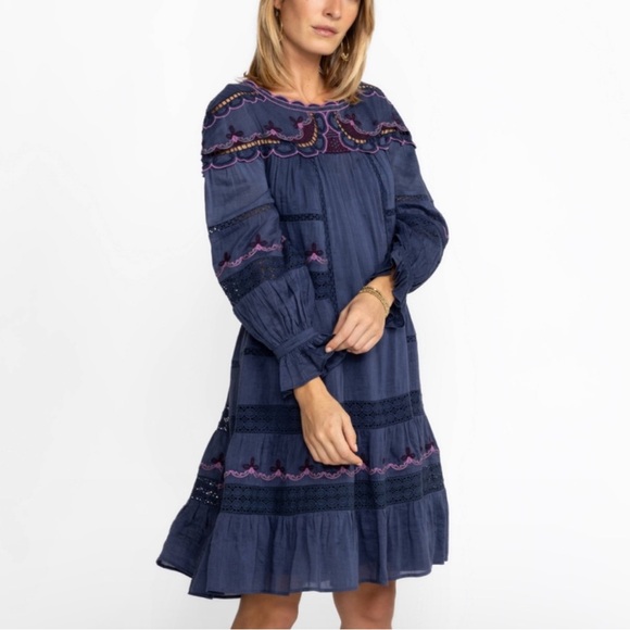 Johnny Was NWT Reina Embroidered Lined Linen Long Sleeve Tiered Dress Small - Picture 7 of 15